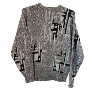Le‎ Tigre VTG Grandpa Sweater 80s 90s Black White Cosby Geometric Knit Large USA
